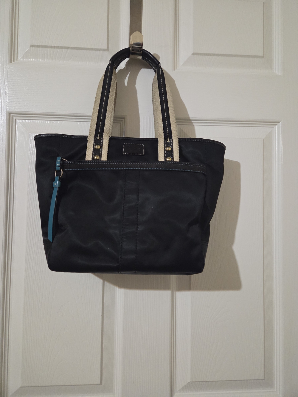 Coach Black Tote with Cream Straps and Teal Zipper Pull